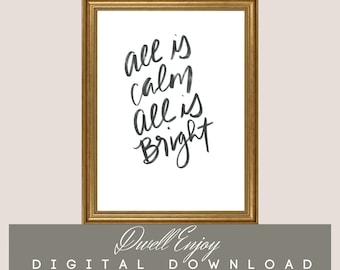 Silent Night Printable, All is calm, All is Bright, Christmas Printable, Christmas Decor, Christmas Hymn Art, Minimalist Christmas