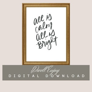 Silent Night Printable, All is calm, All is Bright, Christmas Printable, Christmas Decor, Christmas Hymn Art, Minimalist Christmas