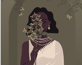 Desi Girl Holding Flowers | South Indian Digital Art | Brown Girl Art