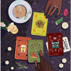 May include: A tarot card reading with a spread of five cards on a dark purple table cloth. The cards are colorful and feature illustrations of people and symbols. The cards are surrounded by candles, herbs, and other objects associated with divination. The text on the cards reads "The Devil" and "Empress".