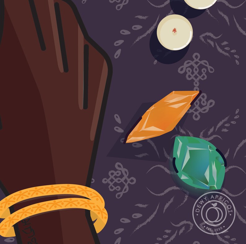 May include: A close-up of a hand wearing two gold bangles against a purple background with a pattern of white dots and swirls. There are three small, colorful, geometric shapes on the background, including a green, a yellow, and an orange shape. The image also includes a small logo with the text "DEWY APRICOT EST. 2020."