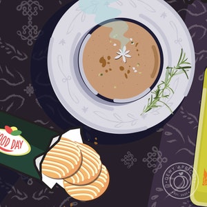 May include: A white plate with a bowl of brown soup topped with a white flower and a sprig of rosemary. The plate is on a dark purple background with a green and white package that says "Good Day" and a stack of three yellow cookies.