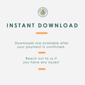 May include: A green and orange logo with the text "DEWY APRICOT EST. 2020" and a peach graphic. The text "INSTANT DOWNLOAD" is in large green letters. The text "Downloads are available after your payment is confirmed." and "Reach out to us if you have any issues!" are in smaller green letters.