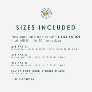 May include: A graphic with the text "SIZES INCLUDED" and a list of different size ratios and their corresponding measurements in inches. The text also includes "ISO International Standard Size" and the sizes A5, A4, A3, A2, A1, and "11x14 INCHES".
