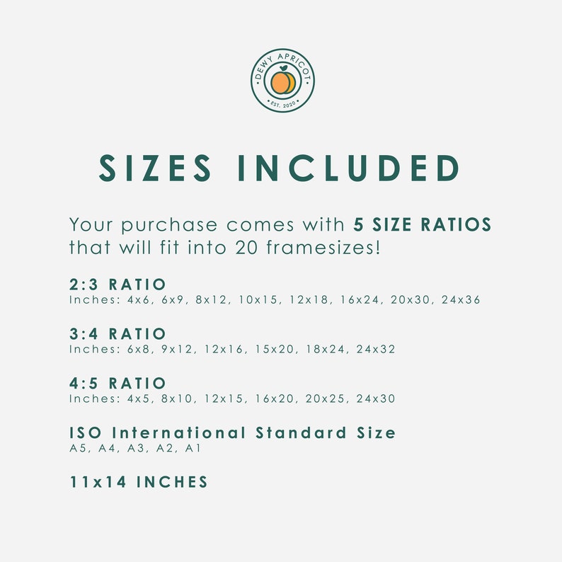 May include: A graphic with the text "SIZES INCLUDED" and a list of different size ratios and their corresponding measurements in inches. The text also includes "ISO International Standard Size" and the sizes A5, A4, A3, A2, A1, and "11x14 INCHES".