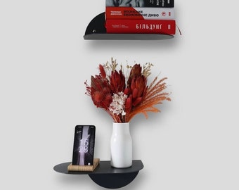 Black metal wall shelves set of 2, Modern floating shelves for home office, Small wall mounted bookshelves, Minimalistic home decor