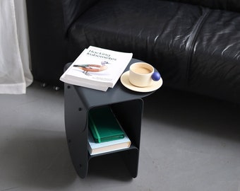 Small black metal coffee table, Modern side table, Loft end table, Rounded narrow bedside table, Minimalistic handmade furniture