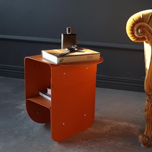 Matte orange metal bedside table, Modern colorful nightstand, Small coffee table, Boho handmade furniture, Industrial end table for bedroom