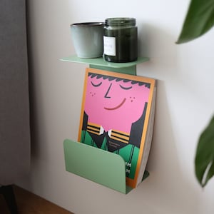 Green metal floating nightstand, Right wall mounted bedside shelf, Narrow modern bedside table, Hanging minimalistic handmade furniture