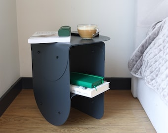 Narrow black metal bedside table, Small nightstand, Modern bedroom side table, Contemporary handmade furniture, Loft end table