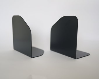 Set of 2 black metal bookends, Wide modern book ends, Sturdy boho book stoppers for bookshelf