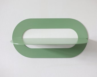 Pastel green metal wall shelf, Oval floating bookshelf, Modern wall mounted shelf, Rounded geometrical bedside shelf