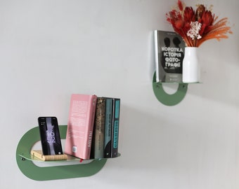 Sage green metal wall shelves set of 2, Rounded floating bookshelves, Modern wall mounted shelf, Geometrical book shelf for living room