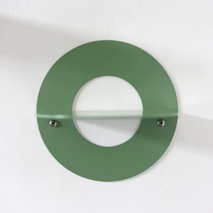 Sage green metal wall shelf, Small circle floating bookshelf, Colorful wall mounted shelf, Round O shape shelf, Modern home furnishing