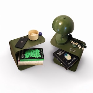 Zestaw 2 zielonych, teksturowanych, wiszących szafek nocnych WAVE, Para matowych metalowych szafek nocnych, Lewa i prawa szafka nocna, Stoliki nocne montowane na ścianie