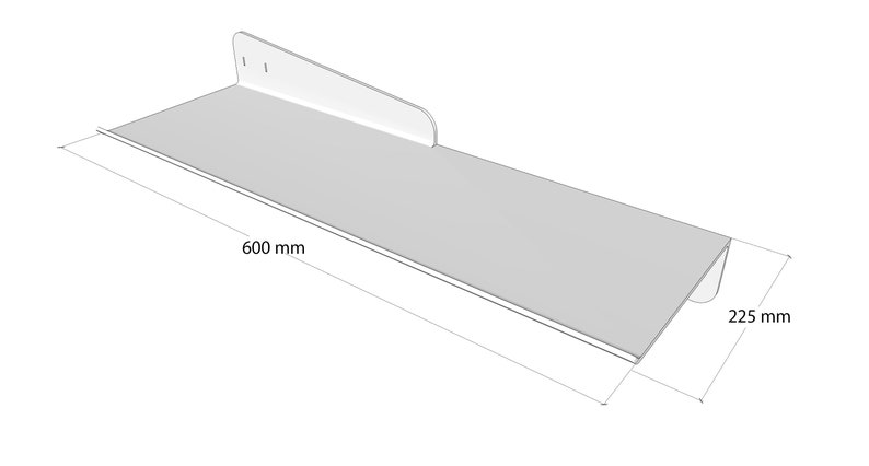 May include: A white, wall-mounted shelf with a minimalist design. The shelf is 23.6 inches long and 8.9 inches wide. It features a raised back and a slightly curved front edge. The design includes three pre-drilled holes for mounting.
