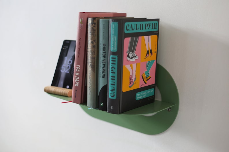 Sage Green Metal Wall Shelves Set of 2, Rounded Floating Bookshelves