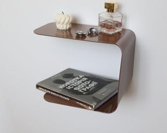 Minimalistic floating nightstand WAVE, Brown metal wall shelf, Horizontal bedside shelf, Wall mounted bedside table, Handmade furniture