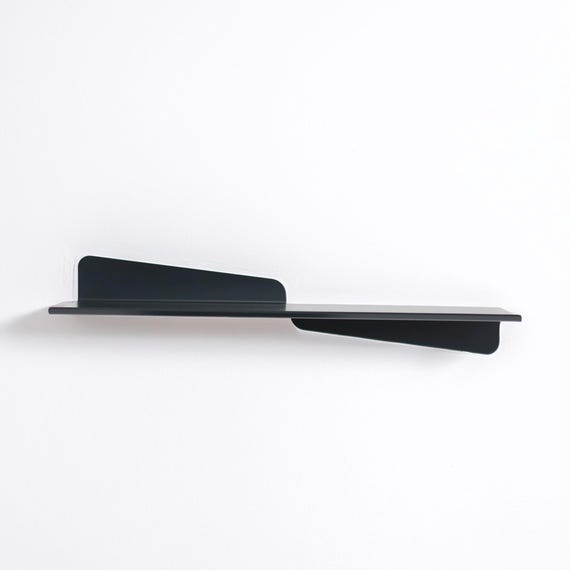 Modern bent metal shelf, Floating bookshelf, Minimalistic wall shelf, Long picture ledge with rim, Unique handmade furniture
