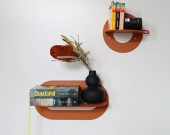 Rounded matte orange metal wall shelves set of 2, Oval floating bookshelves, Modern wall mounted shelf, Geometrical boho metal shelves