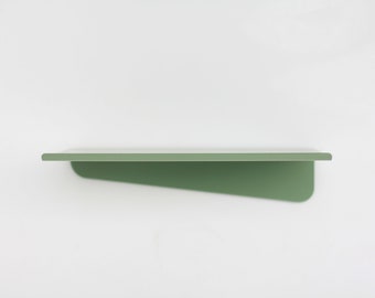 Sage green metal wall shelf, Modern floating shelf, Bent metal shelf, Pastel picture ledge with rim, Minimalistic plant shelf