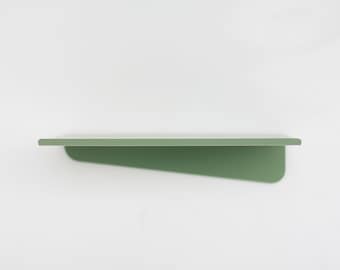 Sage green metal wall shelf, Modern floating shelf, Bent metal shelf, Pastel picture ledge with rim, Minimalistic plant shelf