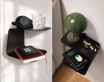 Set van 2 zwevende zwarte metalen nachtkastjes, gebogen nachtkastjes voor wandmontage, moderne nachtkastjes