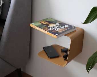 Beige floating nightstand WAVE, Minimalistic metal wall shelf, Curved bedside shelf, Wall mounted bedside table, Floating side table