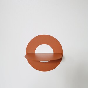 Small orange textured metal wall shelf, Half circle floating bookshelf, Ochre wall mounted shelf, O shape decorative shelf, Modern furniture Orange