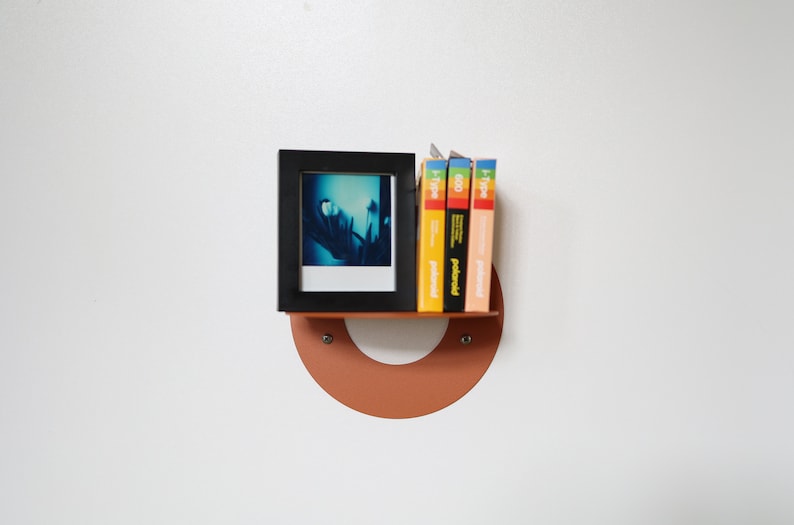 Small orange textured metal wall shelf, Half circle floating bookshelf, Ochre wall mounted shelf, O shape decorative shelf, Modern furniture image 4