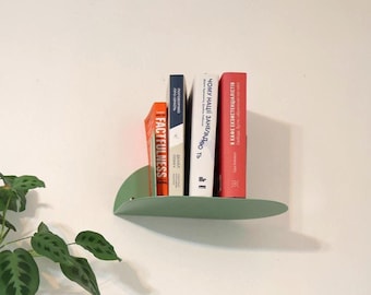 Small sage green metal shelf, Minimalistic bent floating bookshelf, Modern rounded bedside shelf, Colorful boho wall mounted shelf
