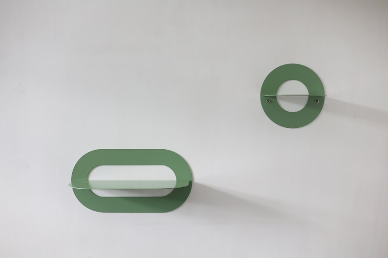 Sage Green Metal Wall Shelves Set of 2, Rounded Floating Bookshelves
