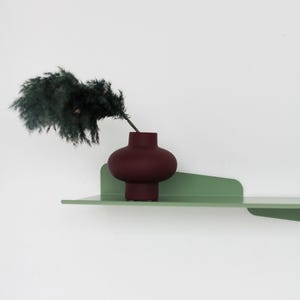 May include: A burgundy-colored vase with a rounded shape holds a dark green feathery plant. The vase sits on a light green metal shelf. The shelf is mounted on a white wall, creating a minimalist aesthetic.