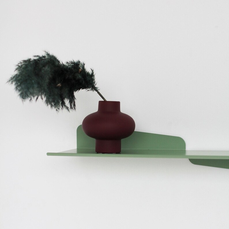 May include: A burgundy-colored vase with a rounded shape holds a dark green feathery plant. The vase sits on a light green metal shelf. The shelf is mounted on a white wall, creating a minimalist aesthetic.