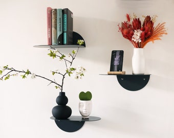 Graphite floating wall shelves set of 3, Unique small metal shelves, Modern wall mounted shelves, Bent rounded bedside shelves