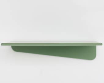 Sage green metal wall shelf, Modern floating shelf, Bent metal shelf, Pastel picture ledge with rim, Minimalistic plant shelf