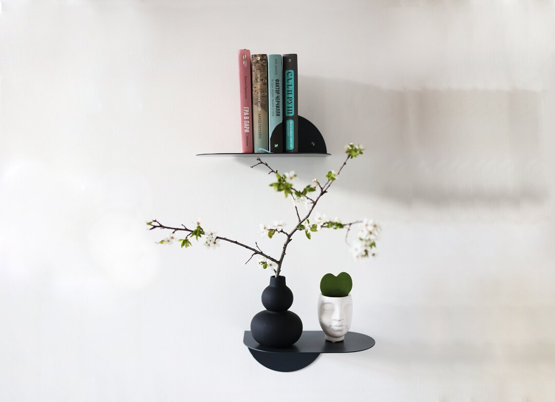 Graphite Black Metal Wall Shelves Set of 2, Modern Floating Bookshelves
