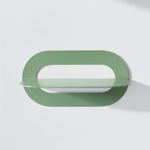 Pastel green metal wall shelf, Oval floating bookshelf, Modern wall mounted shelf, Rounded geometrical bedside shelf