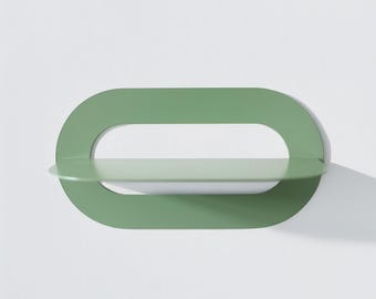 Pastel green metal wall shelf, Oval floating bookshelf, Modern wall mounted shelf, Rounded geometrical bedside shelf