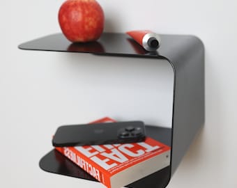 Black metal shelf WAVE, Bent metal floating nightstand, Curved bedside shelf, Wall mounted bedside table, Minimalistic floating side table