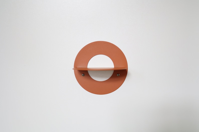 Small orange textured metal wall shelf, Half circle floating bookshelf, Ochre wall mounted shelf, O shape decorative shelf, Modern furniture image 2