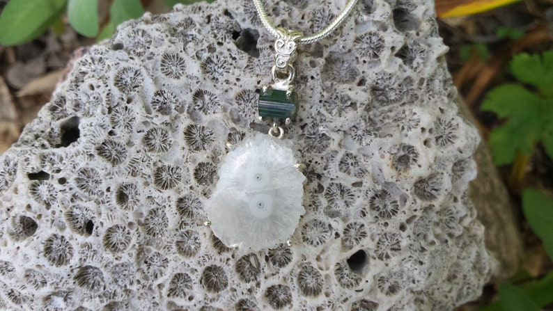 Powerful Enchanting Solar Eye Quartz Green Tourmaline Sterling Silver Pendant Necklace