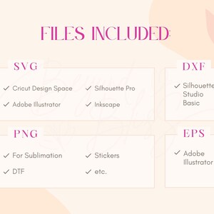May include: A graphic showing the different file types included in a digital download. The file types include SVG, DXF, PNG, and EPS. The text "FILES INCLUDED" is at the top of the graphic.