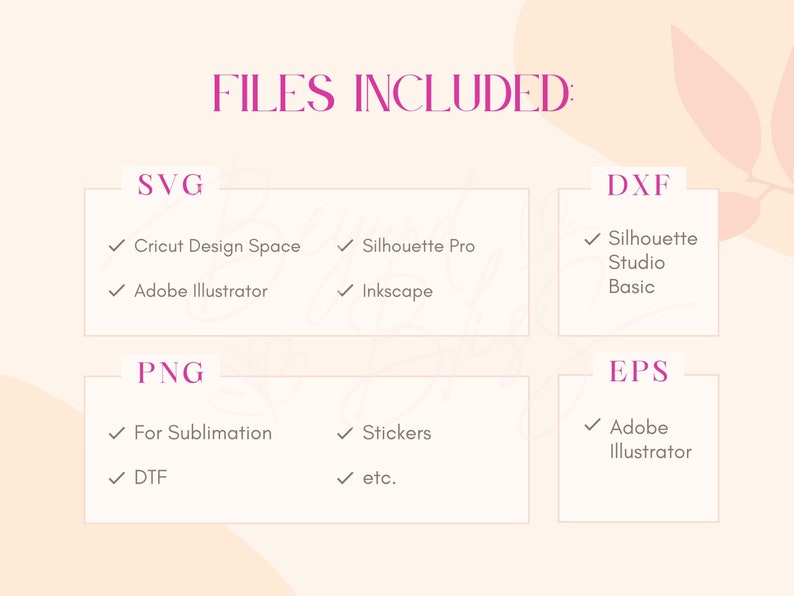 May include: A graphic showing the different file types included in a digital download. The file types include SVG, DXF, PNG, and EPS. The text "FILES INCLUDED" is at the top of the graphic.