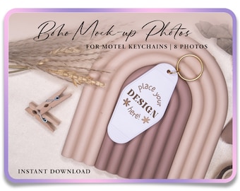 May include: A white motel key tag mockup with the text "place your DESIGN here!" on a pink and brown background with a gold key ring.
