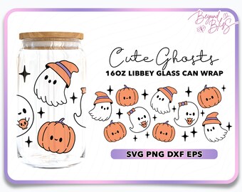 かわいいゴースト Libbey ガラス SVG、不気味な季節 SVG、ハロウィン缶ガラス、16 オンス ガラス缶ラップ、Libbey ガラス缶 SVG、ゴースト缶ガラス SVG