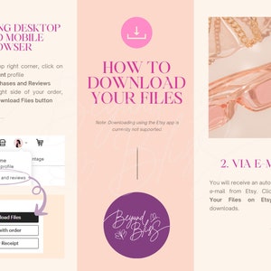 May include: A pink and white graphic with instructions on how to download digital files from Etsy. The graphic includes a pink background with a white arrow pointing down, the text "How to Download Your Files", and a note that downloading using the Etsy app is not supported. The graphic also includes a pink and white illustration of a pair of sunglasses.