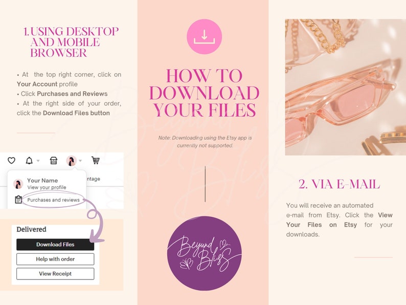May include: A pink and white graphic with instructions on how to download digital files from Etsy. The graphic includes a pink background with a white arrow pointing down, the text "How to Download Your Files", and a note that downloading using the Etsy app is not supported. The graphic also includes a pink and white illustration of a pair of sunglasses.