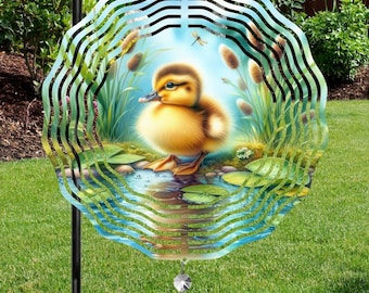 Duckling Wind Spinner with Crystal Icicle Prism, Baby Duck Double Sided Outdoor Decor, Spring Hanging Yard Art, Pond Cattails Garden Gift