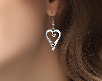 Heart in Heart Dangle Earrings, Antique Copper or Silver Open Heart, Seventh Anniversary Gift for Her